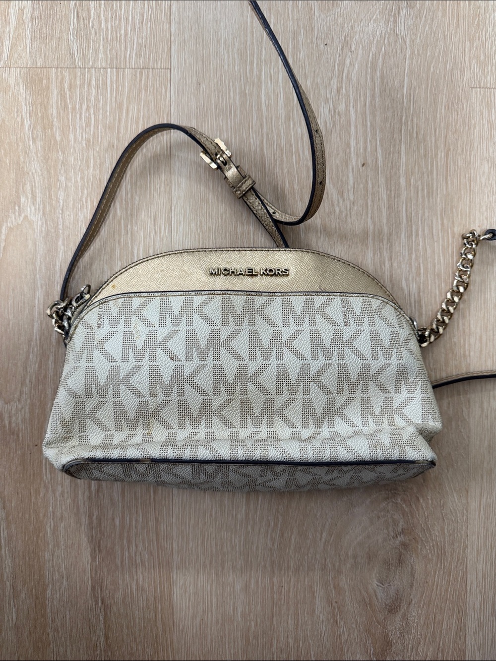 Michael Kors Beige Monogram Dome Crossbody with Gold Trim